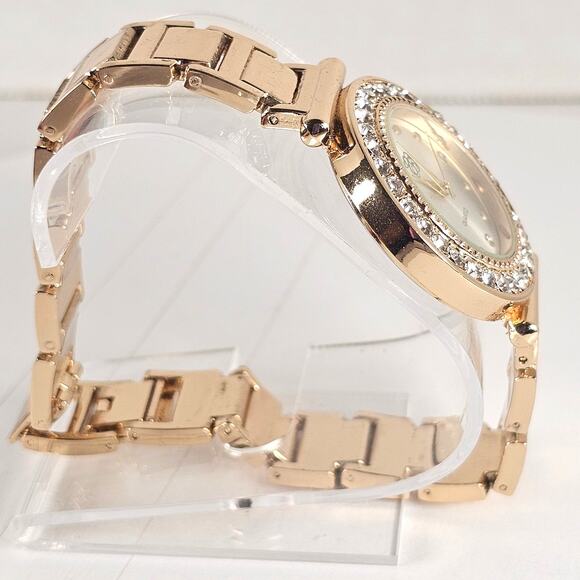 Women's Gold Tone Quartz Watch 34mm Crystal Bezel Silver Dial Bracelet Style - Picture 13 of 14